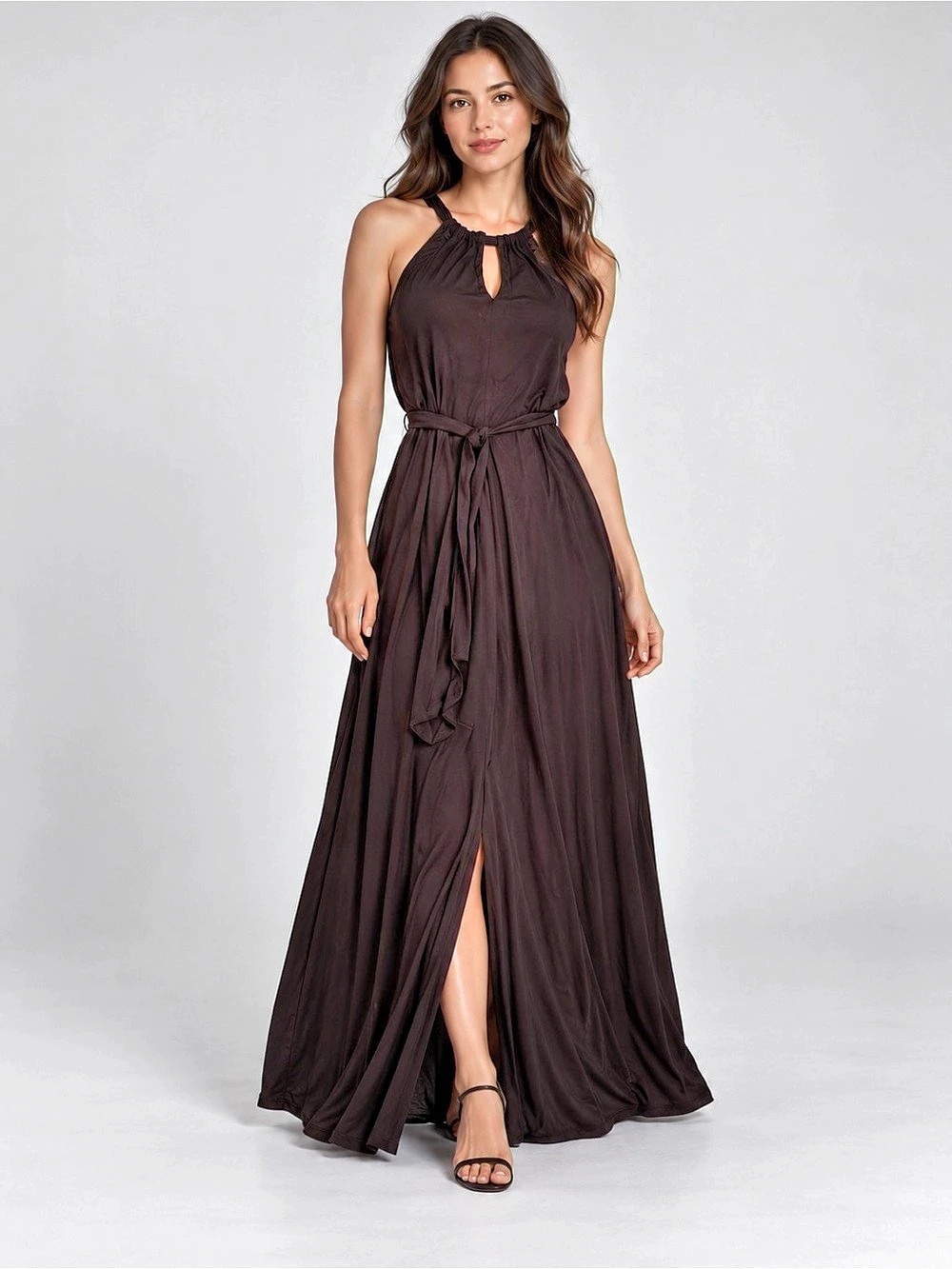 Ann Taylor Black Grecian Keyhole Maxi Dress Tie Waist Front Slit Size M